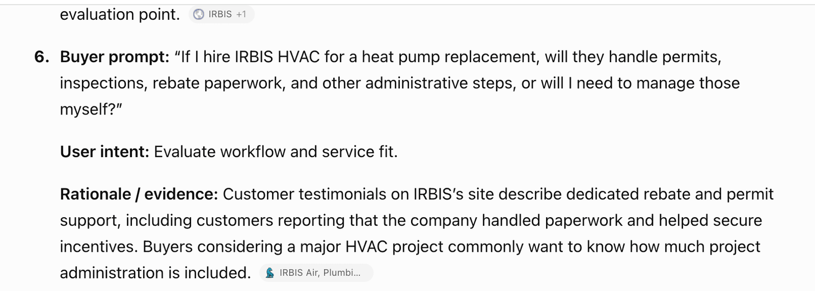 A saved ChatGPT question asks whether IRBIS handles permits, inspections and rebate paperwork, or leaves those steps to the customer.