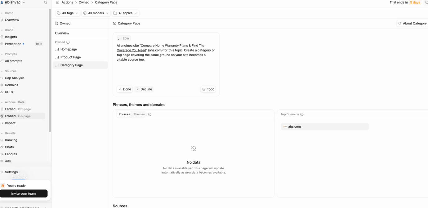 Peec AI’s saved IRBIS card references an AHS home-warranty page and proposes a category or tag page, with Low priority.
