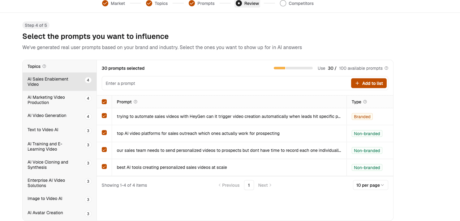 Writesonic’s saved HeyGen interface lists generated prompts with branded and non-branded labels.